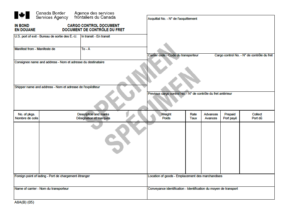 A8A Cargo Control Document Specimen
